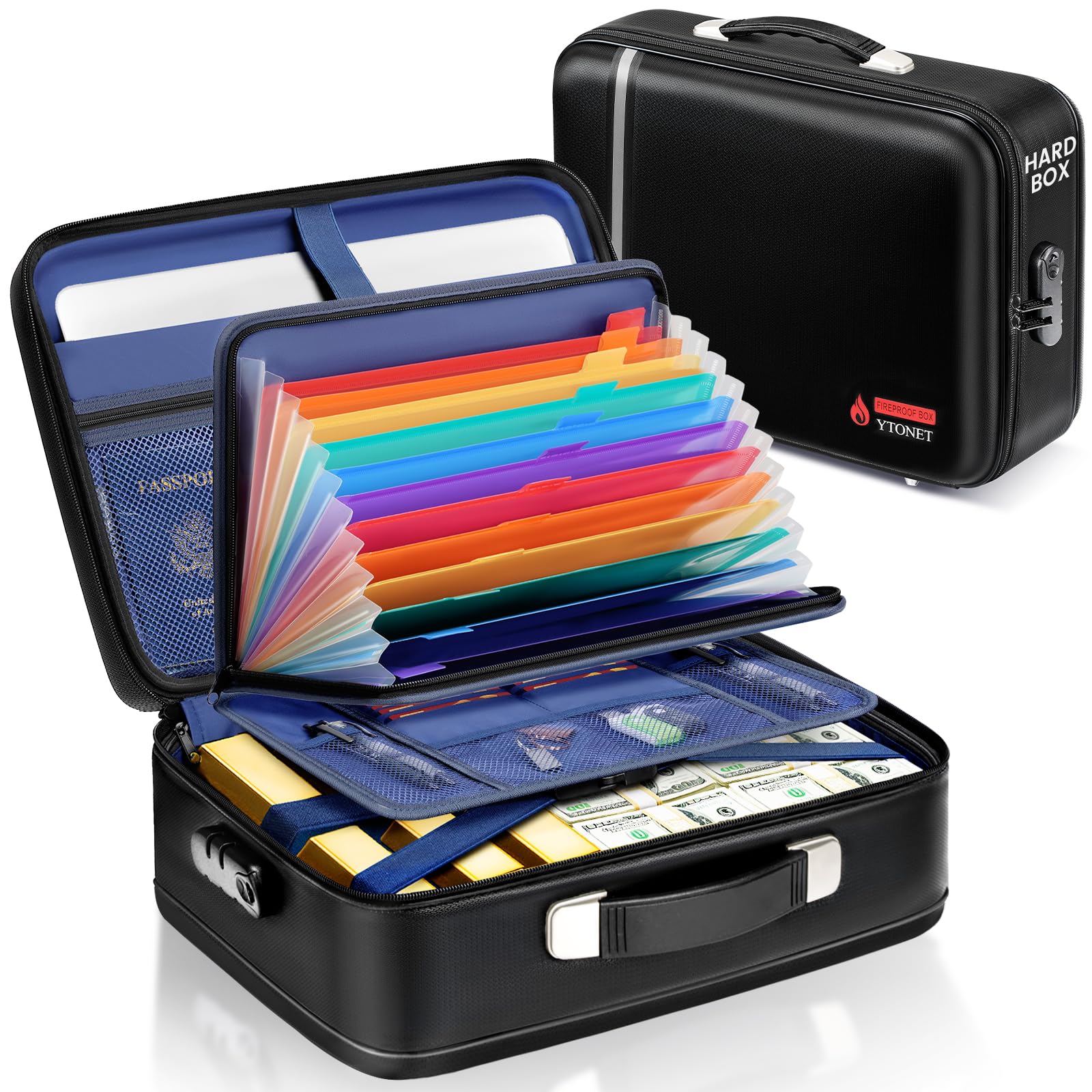 Fireproof Document Box Hard Case Lock Accordion File 15.6 Inch